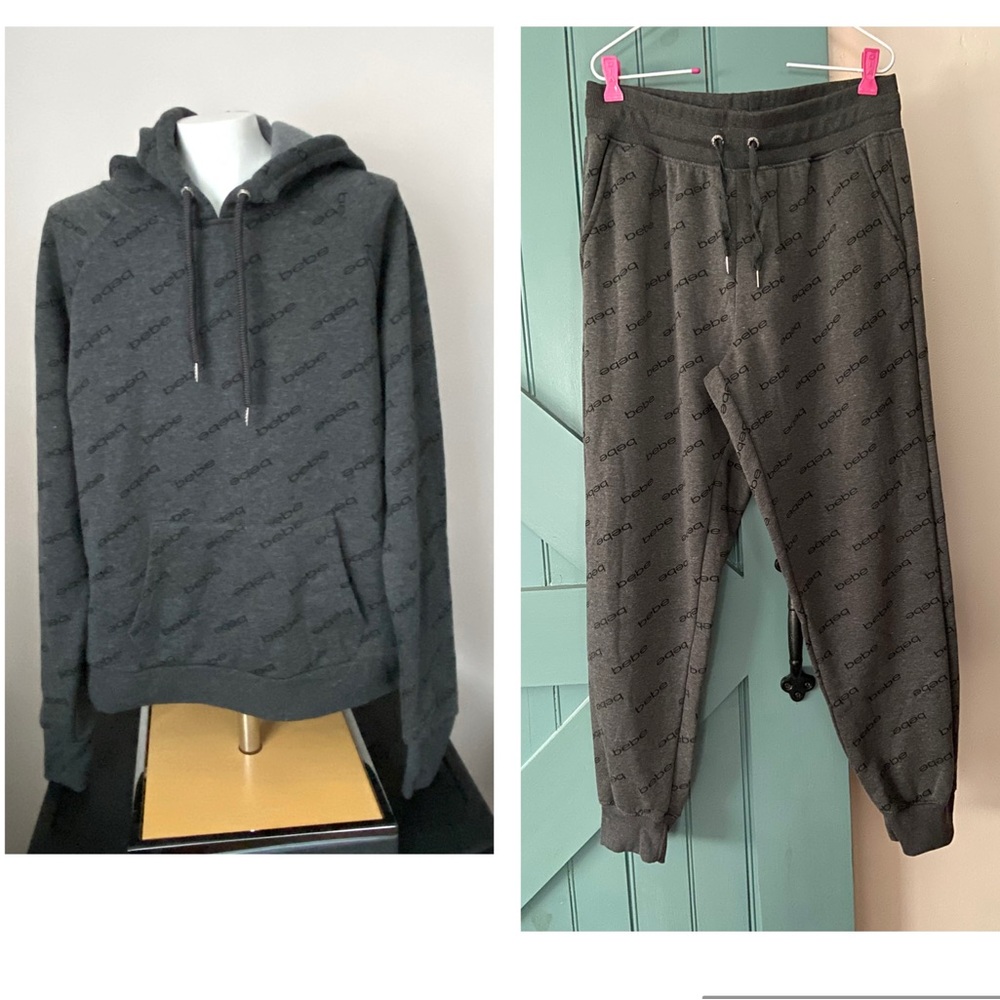 Bebe Sport Women’s Grey Black All Over Logo Hoodie & Sweat Pants Size XL